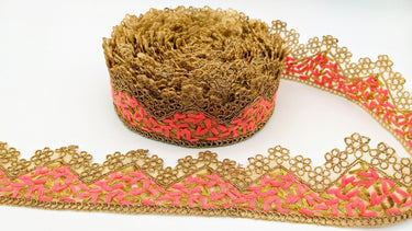 Gold Sheer Tissue Fabric Cutwork Trim with Embroidery in Gold and Salmon Pink, Scallop Trim, Fringe Trim